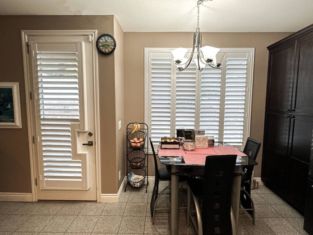 Get perfect light control with custom shutters on your dining windows and patio doors.
