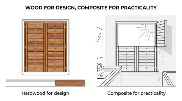 A graphic showing a side-by-side comparison of wood for design, composite for practicality.